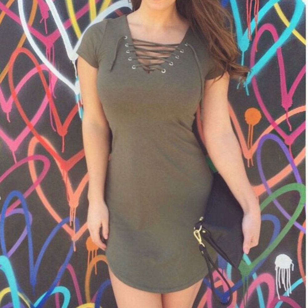 Lace Up Olive Bodycon Dress